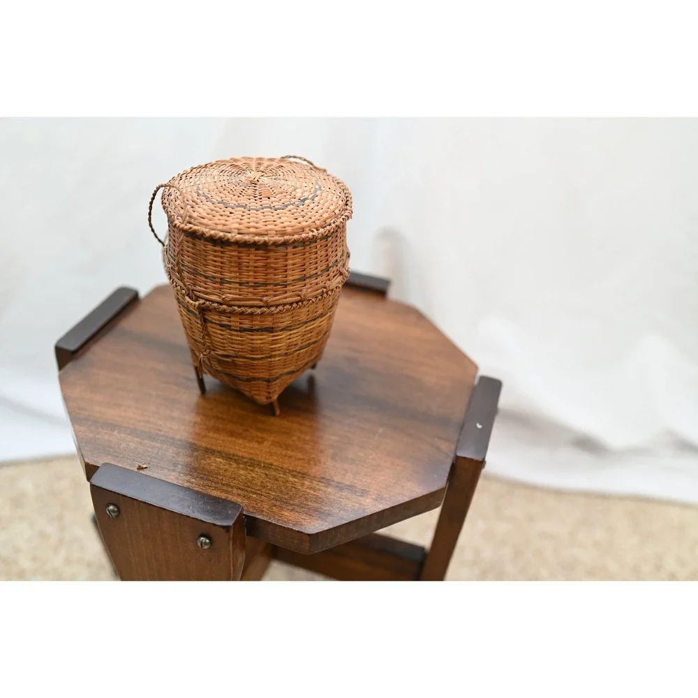 Vintage Footed Woven Basket with Lid and Handle Brown Boho Decor 6.5
